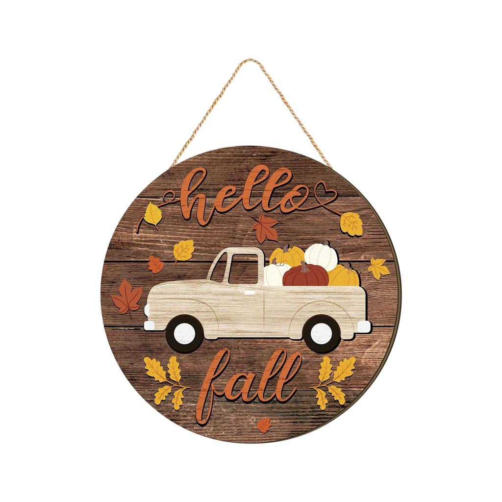 Rundes Holz-Hängeschild mit LKW- und Kürbis-Design für Herbst-Saisonale Dekoration Rustikaler Herbst-Bastel-Schmuck