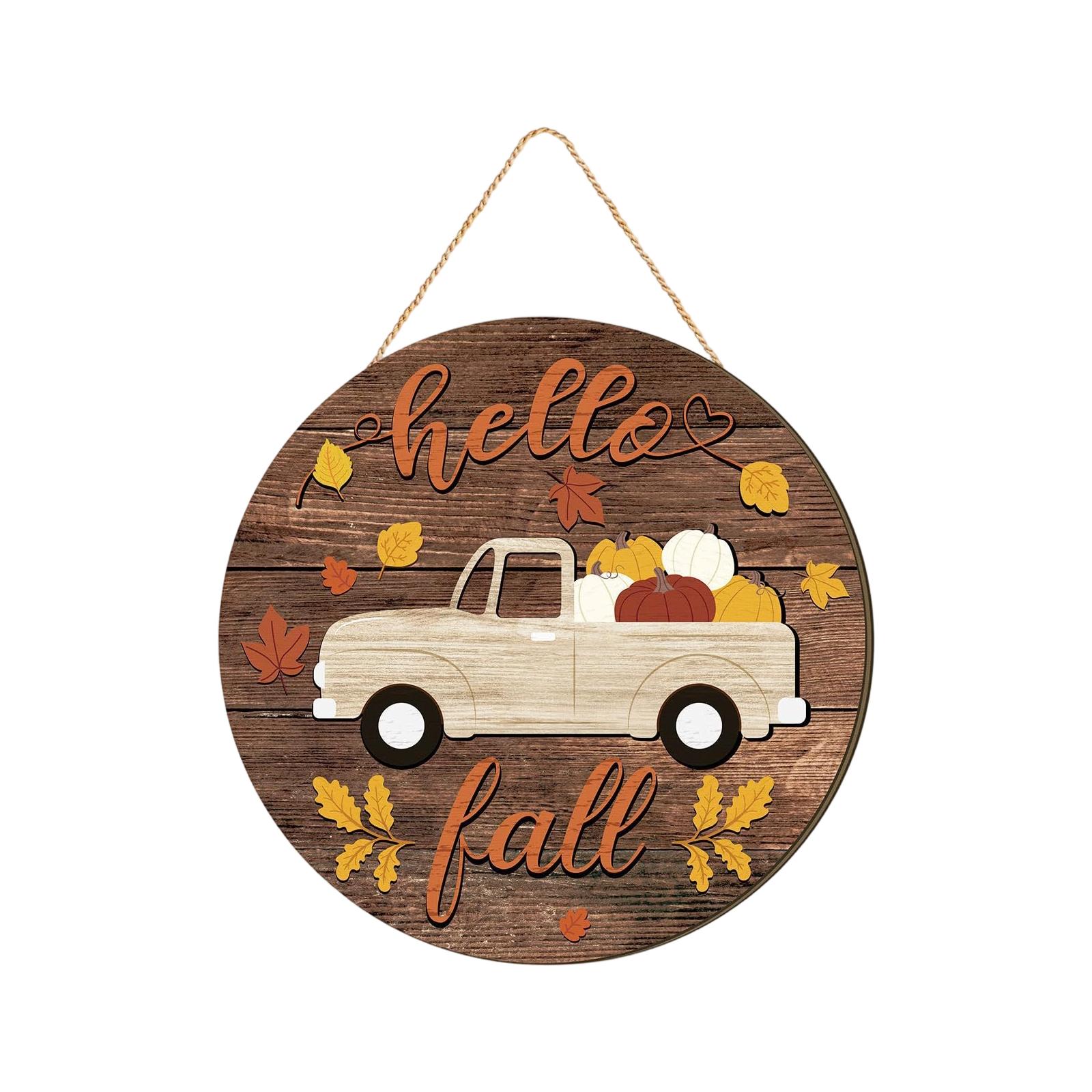 

Wooden Round Hanging Sign with Truck and Pumpkin Design for Fall Seasonal Decoration Rustic Autumn Craft Ornament One Size