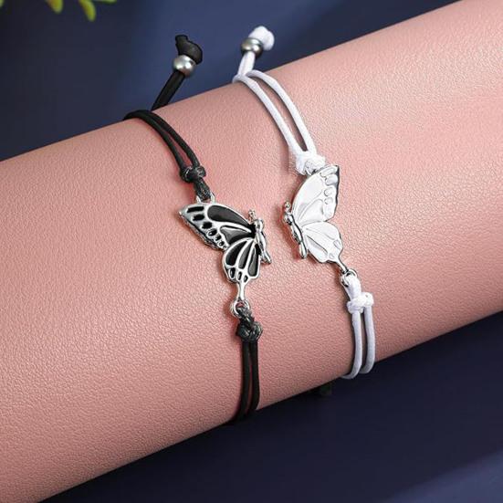 2Pcs/Set Couple Bracelet Adjustable Wax Rope Butterflies Pendant Friendship Love Bracelet with Blessing Card Bestie Matching Jewelry