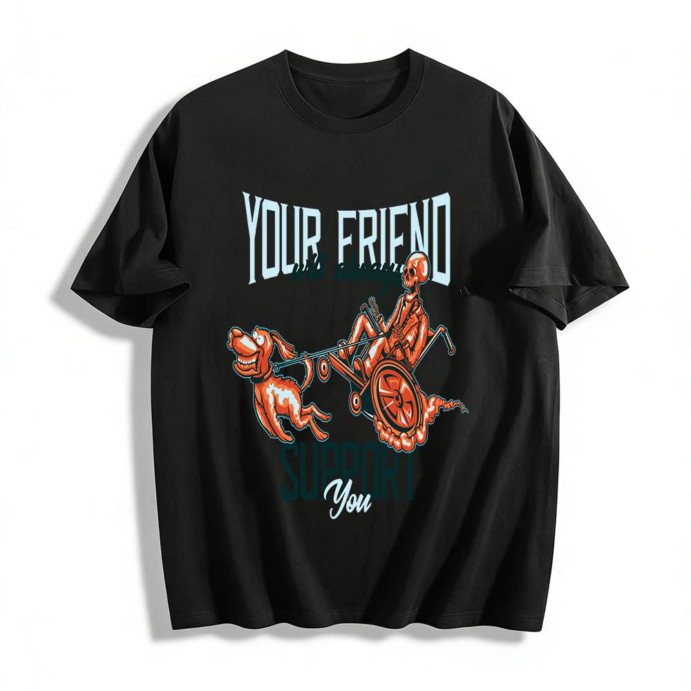 Skeleton & Dog Support Themed Graphic Tee Funny Friendship Casual Top Pure cotton T-shirt XXS