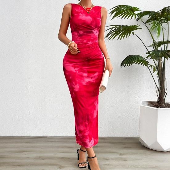 Dámské Bodycon Maxi Šaty Letní Bez Rukávů Řasené Vysoký Rozparek Tank Šaty Květinová Síťovina Plážová Dovolená Večerní Šaty