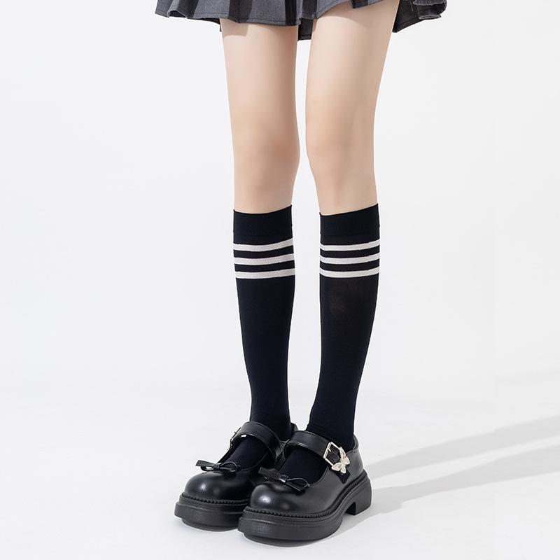Women's Spring and Summer Thin Preppy Style Three Bar Stripes Long Leg Socks