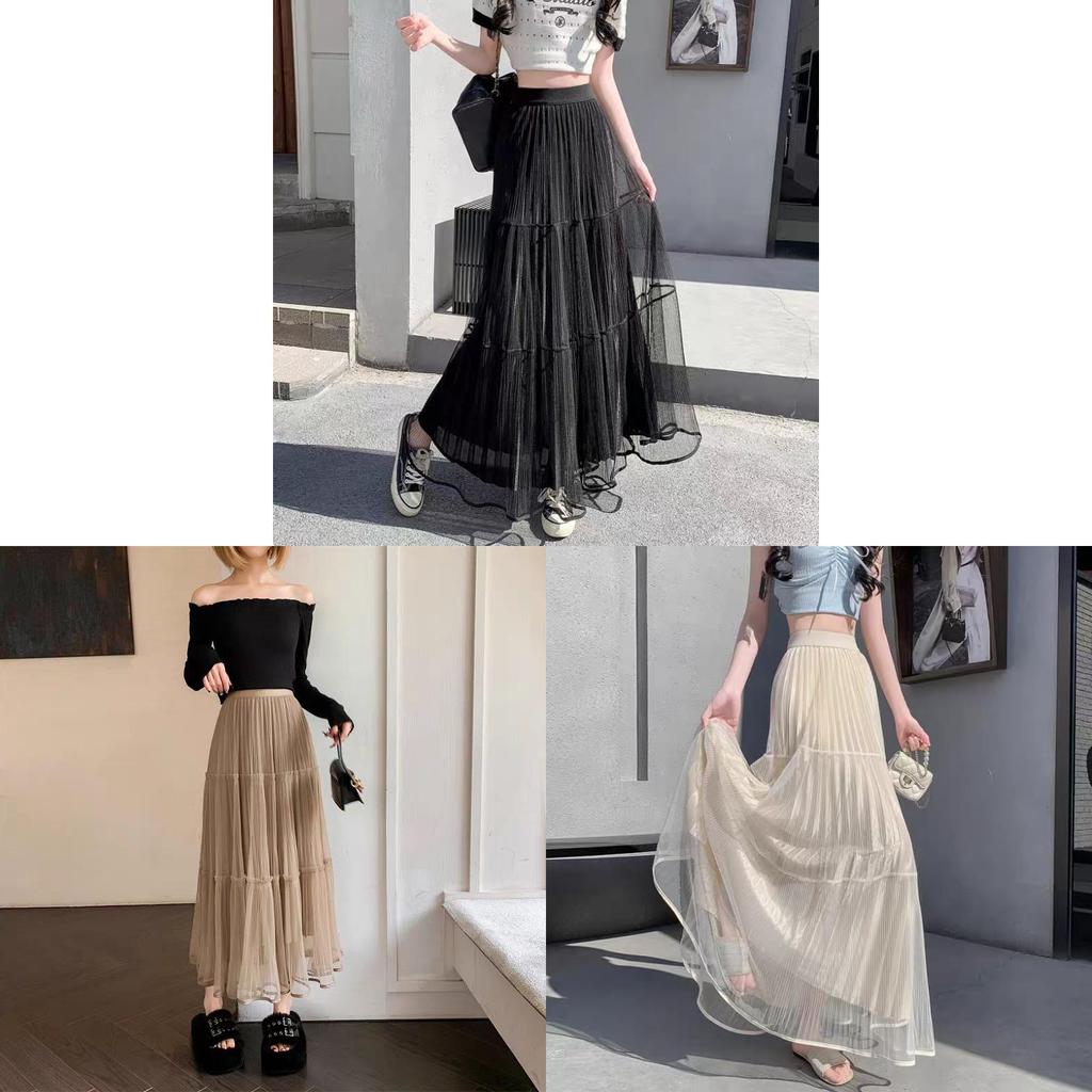 Gonna Lunga in Rete di Misto Cotone con Pieghe per l'Estate Casual da Donna