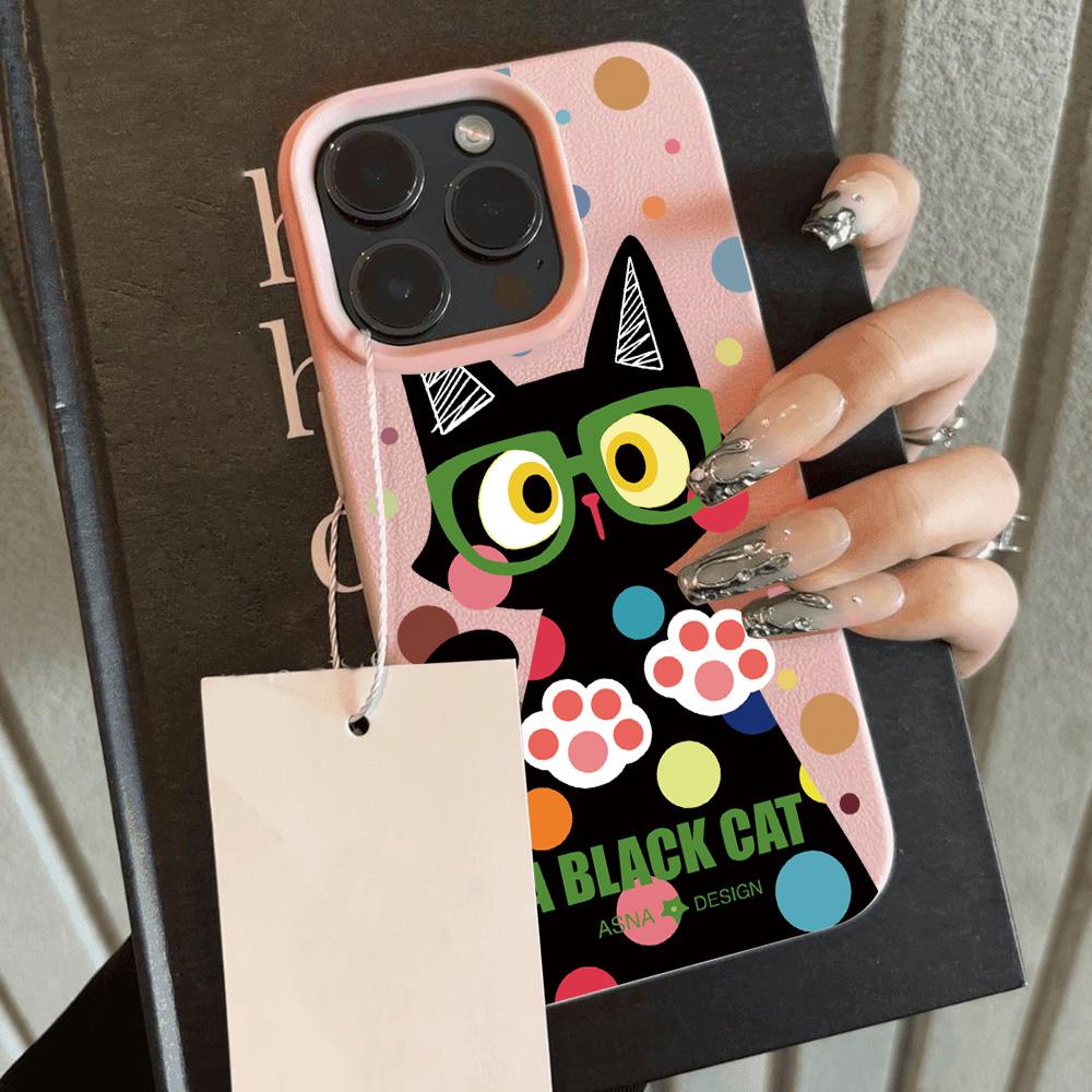 

HOT Cartoon Black Cat Cool Lichee leather pattern Phone Case For iPhone 17 16e 16 15 14 13 12 11 Air Pro Max Plus X XR XSMax iPhone 15 Plus