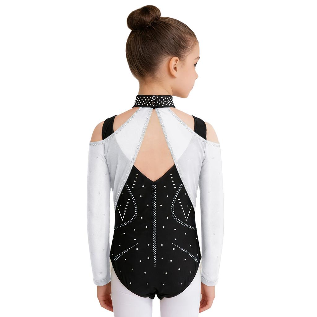 Kombinezon Gimnastyczny dla Dziewcząt Wycięcia Siateczkowe Patchwork Błyszczące Cyrkonie Color Block Body Baletowe