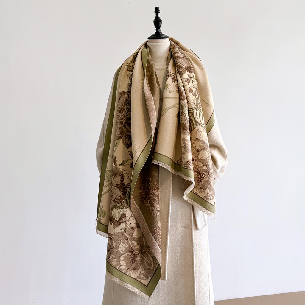 Brand Fashion Winter Cashmere Shawl for Women - Tasseled Flower Printed Pashmina Scarf, Thick Warm Wrap & Poncho