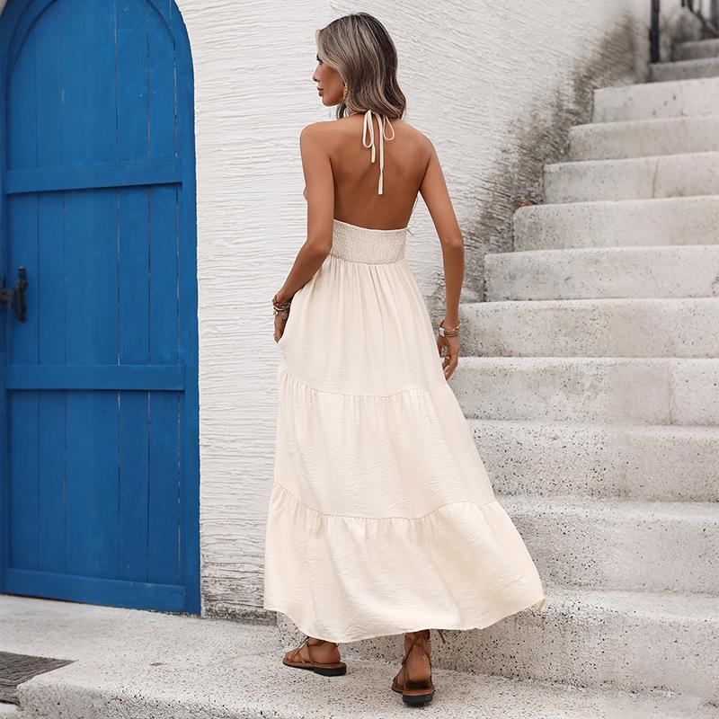 2026 Sleeveless V-neck Halter Lace Patchwork Long Dress with Open Back