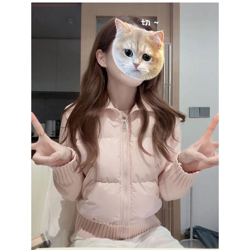 Retro small pink knitted splicing cotton-padded jacket for women's winter slim-fitting thickened short cotton-padded jacket