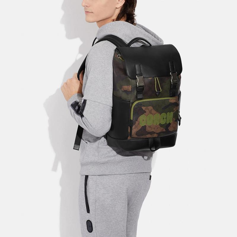 COACH Track 27 drawstring buckle closure camouflage print cow leather fabric school bag backpack backpack large size men's khaki and olive green