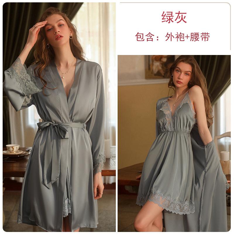 Bridal Morning Gown Sexy Satin Lace Suspender Nightdress Women's Long-sleeved Lace-up Nightgown Loungewear Set