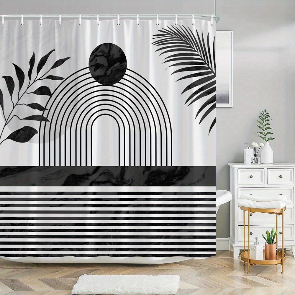 1pc Black Circle and Fern Patterns Minimalist Art Shower Curtain Concentric Black Circles, Leafy Fern Patterns, Black Palm Frond