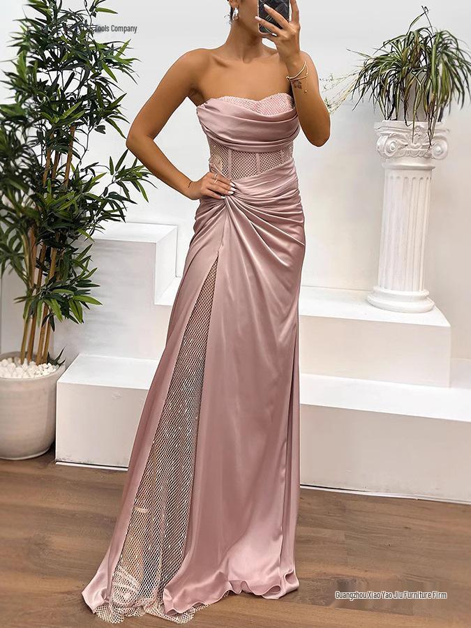 2026 European Color Satin Bustier Dress - Spring/Autumn Casual Fashion Patchwork