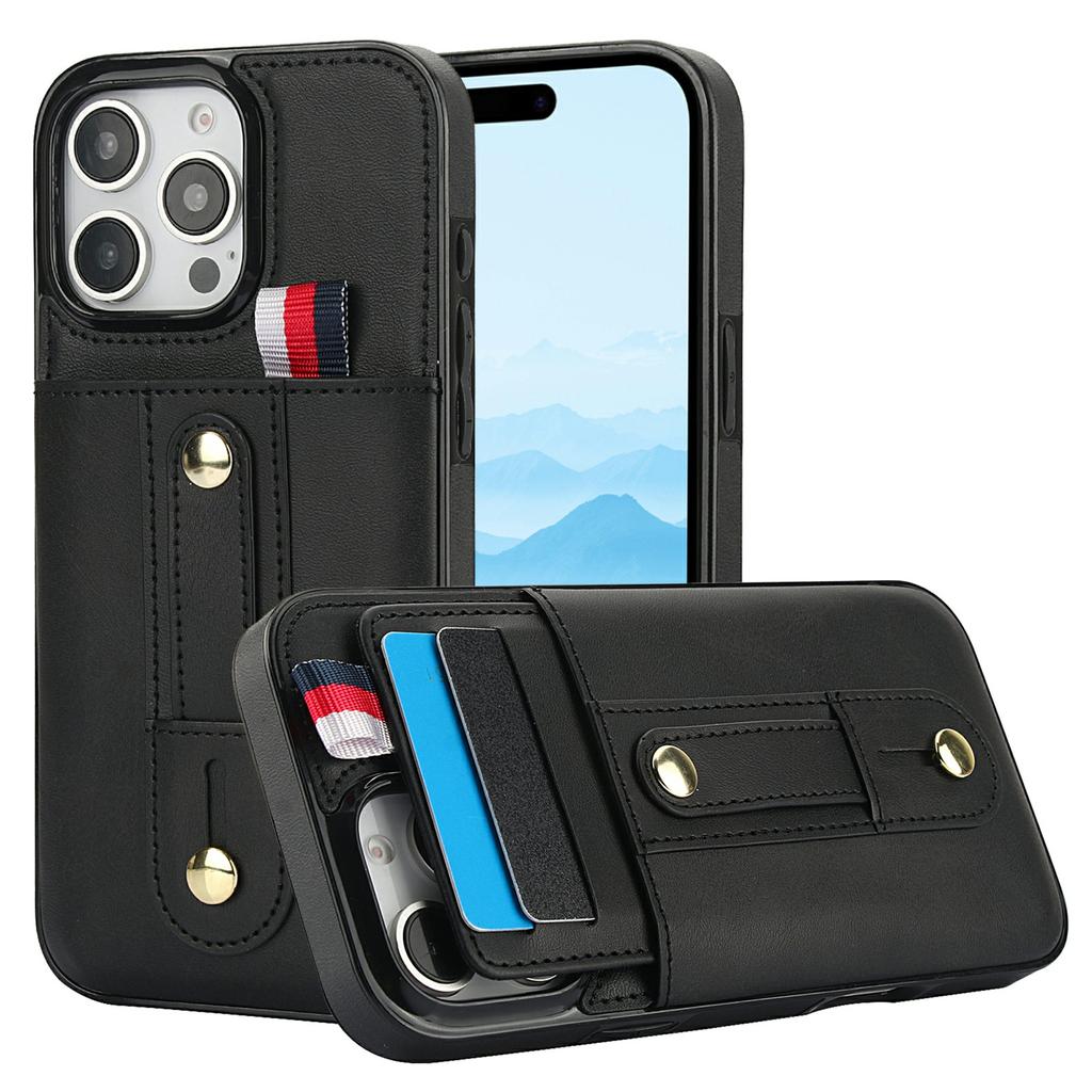 For iPhone 16 Pro Max Case PU Leather+TPU Hidden Card Holder Drop-proof Phone Cover with Kickstand