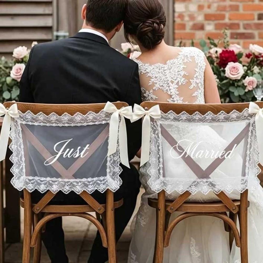 2PCS French Romantic Wedding Chair Back Lace Cover Reusable Creative Strap Chair Cover Multi Purpose Wedding Chair Decoration