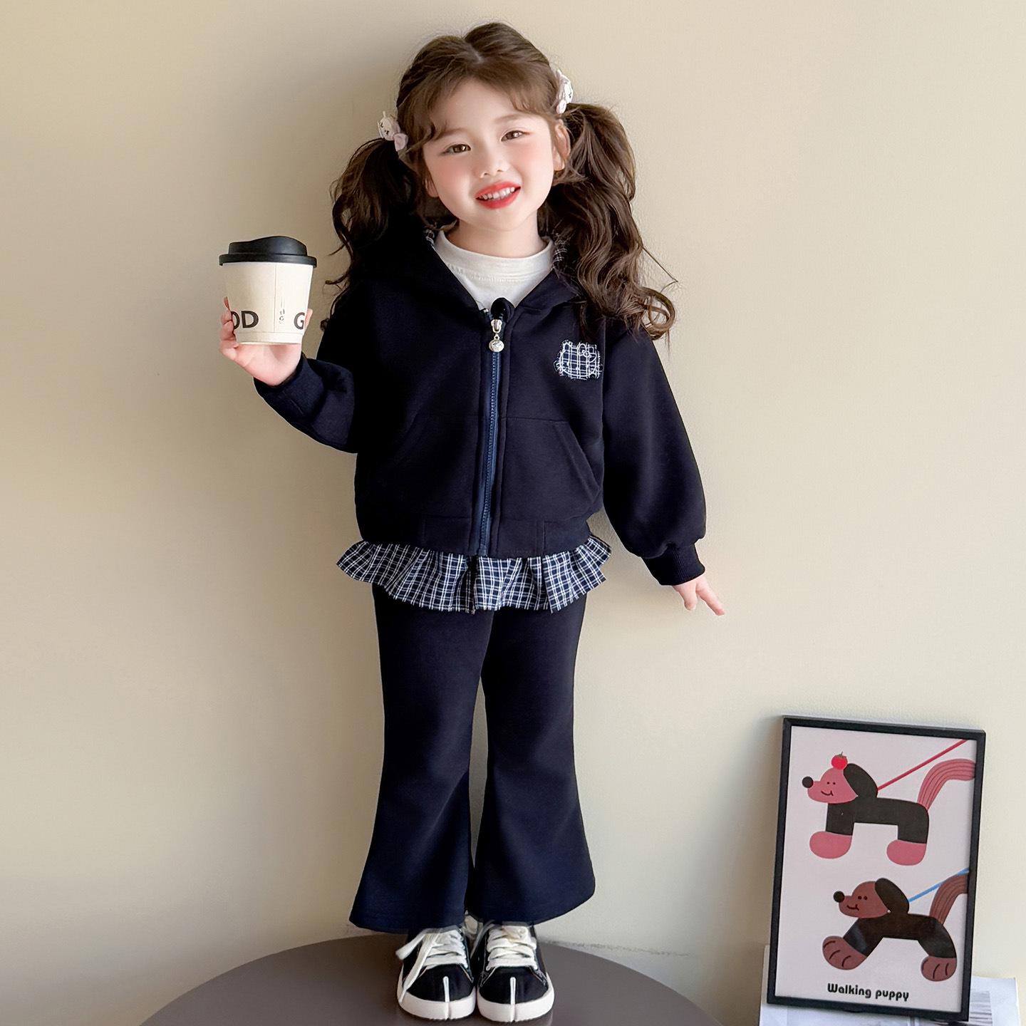 

2025 Girls Korean Plaid Hoodie & Flared Pants Set - Stylish Spring/Autumn Outfit. 130cm темно-синий