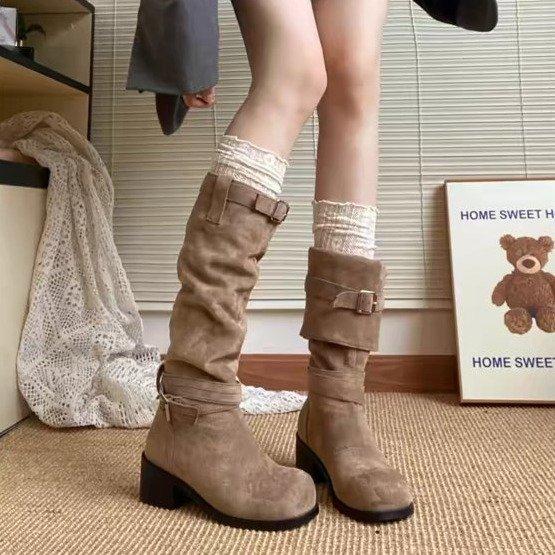 2026 Western Cowboy Shoes Women's Coarse Heel Thick Soled Long Boots Versatile Height Increasing Knight Boots Women