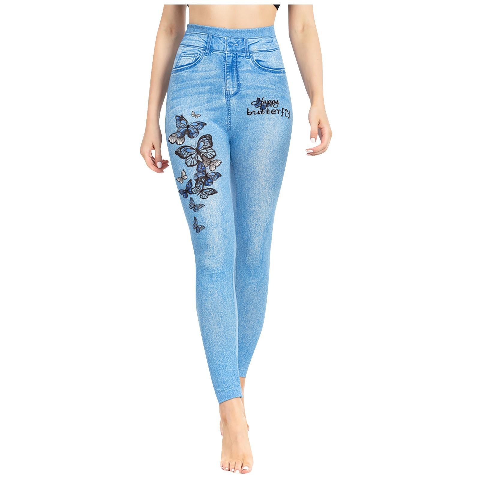 

Женские облегающие повседневные спортивные штаны для йоги с эластичной резинкой на талии из имитации джинсовой ткани XXL светло-синий