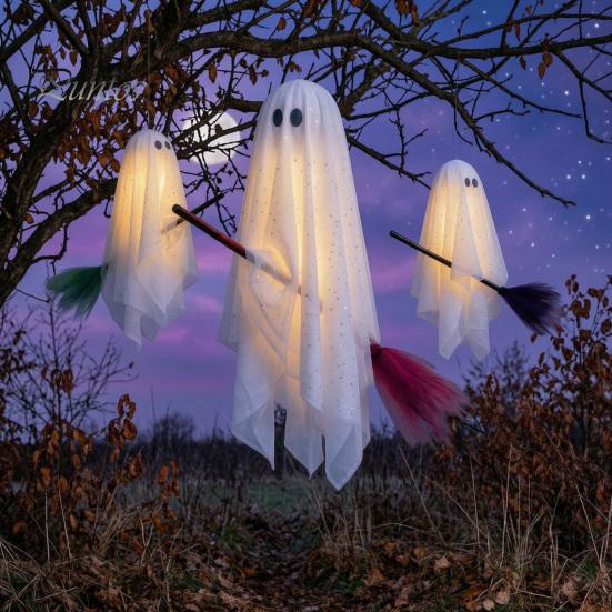 Flying Ghost Trio for Porch 3 Pcs Halloween Decorations, Spooky Hanging with Broom, Decorations Large White Tree Yard Patio Decor Cozy Glow Lighting