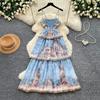French Romantic Style Blue Floral Spaghetti-Strap Long Dress for Women Summer Korean-Style Tiered Slimming VacationBeach Dress