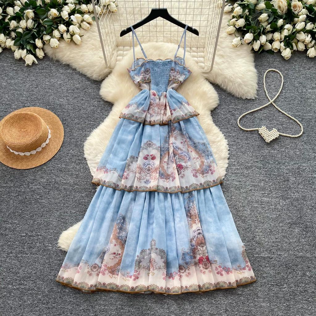French Romantic Style Blue Floral Spaghetti-Strap Long Dress for Women Summer Korean-Style Tiered Slimming VacationBeach Dress