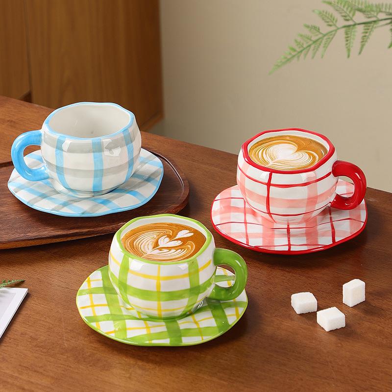 Korean Hand-Painted Ceramic Cup & Saucer Set - Creative Irregular Design for Coffee & Tea