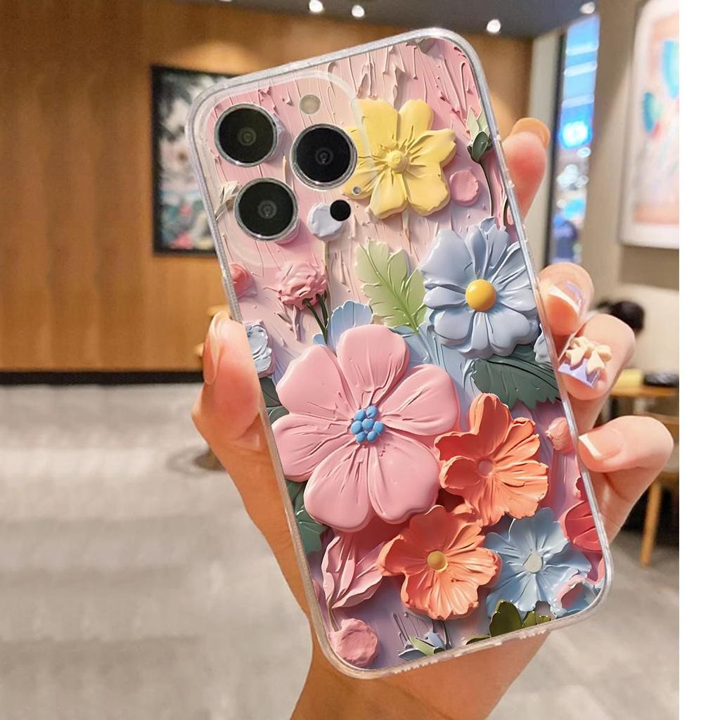 Průhledné pouzdro s potiskem květin a ochranou proti pádu pro iPhone 14-17 Pro Max