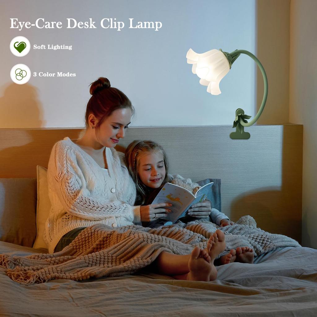 Flower Desk Lamp with Clamp, 3 Color Modes Flower Eye-Caring Clip on Light, Flexible Gooseneck Reading Table Clamp Lamps for Home Office Bedroom