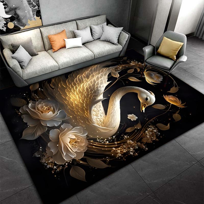Elegant Swan and Floral Design Carpet with Golden Accent Pattern Suitable for use as an anti-slip for living room bedroom sofas