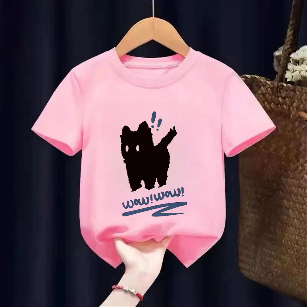 Funny T Shirt Cat Letter Print Crew Neck TShirt Kids Casual Short Sleeve Top for Spring Summer Girls Clothing