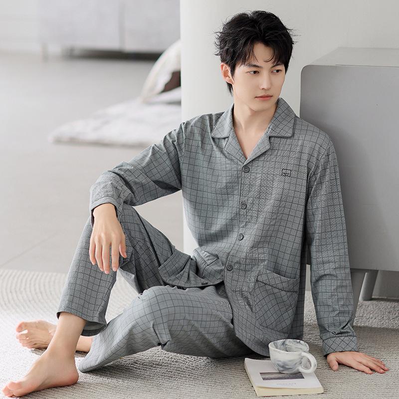 Pajamas Men'S Spring And Autumn Pure Cotton Long-Sleeved Autumn Plaid High-End Sense Can Be Worn Outside Qingzhong Spring Loungewear Suit