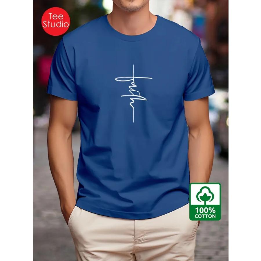 Men's 100% Cotton Faith Pattern Printed T-shirt, Casual Short Sleeved Round Neck T-shirt, Summer Outdoor Men's Clothing