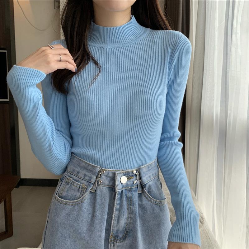 GMXIA Women's Autumn and Winter Long-sleeved Mid-neck Sweater with A Fitted Base Layer and A Semi-high Neck Pullover Knitted Top