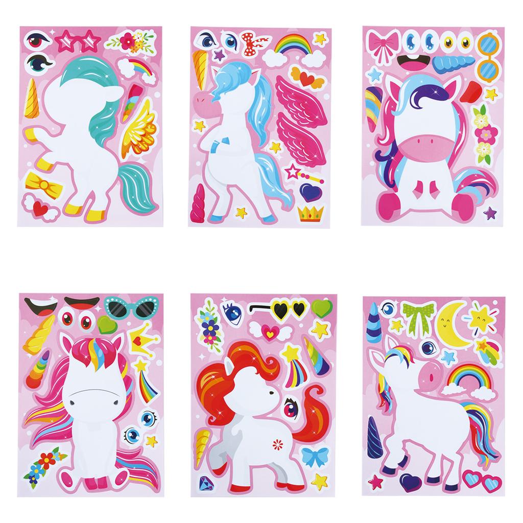 12Sheets Rainbow Horse Children DIY Puzzle Sticker Games Unicorn Birthday Party Make A Face Funny Assemble Jigsaw Stickers Gifts