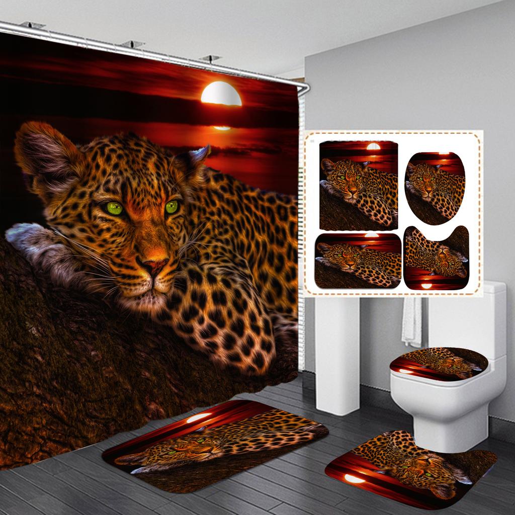 4Pcs Leopard Series Shower Curtain Sets for Bathroom Non-Slip Bathroom Rugs Lid Toilet Cover Bath Mat