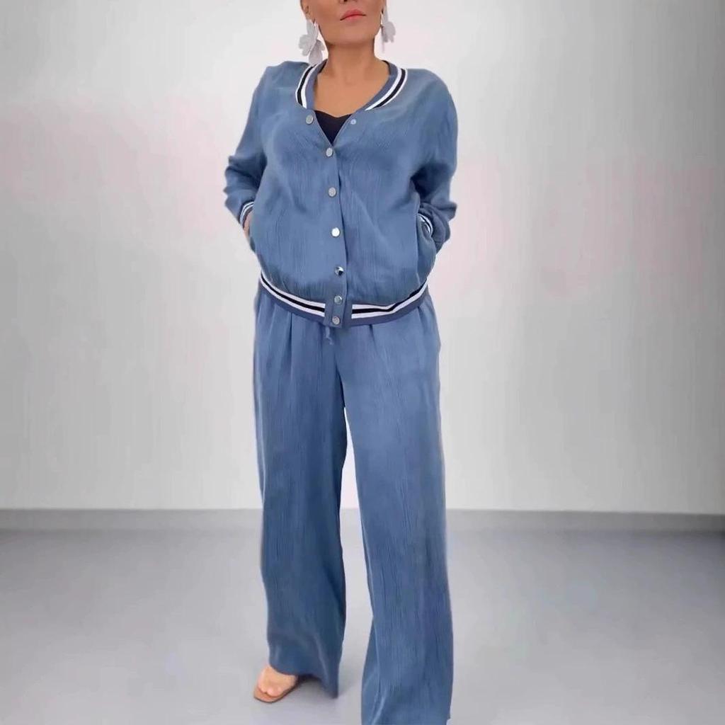 2025 Autumn/Winter European-American Patchwork Round Neck Cardigan & Wide Leg Pants Set for Women.