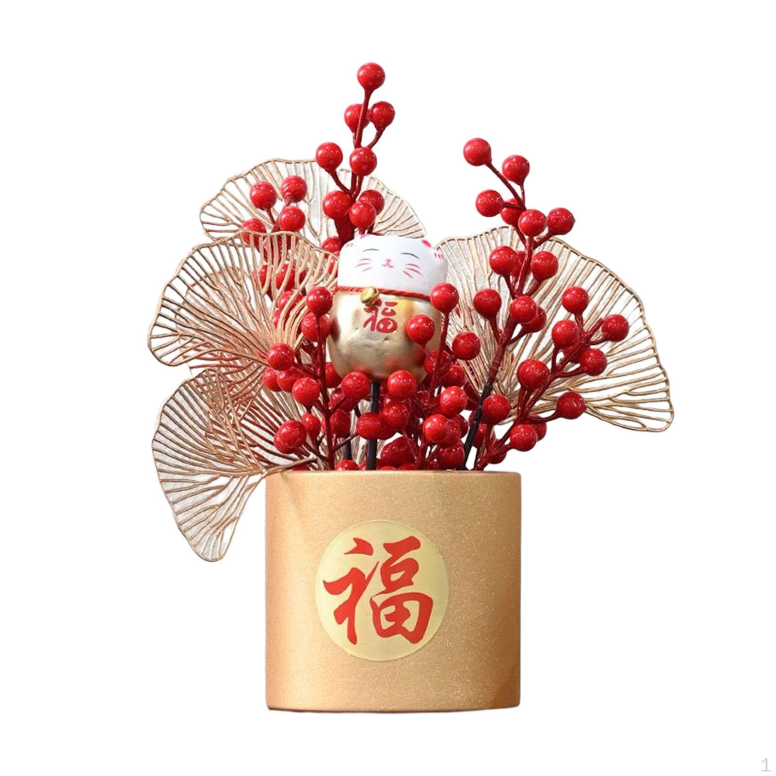 

Chinese Flower Basket Ornament Arrangement Red Fruit Tree Celebration Bouquet for Festival style B
