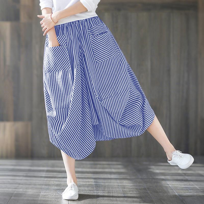 ZANZEA Dame Casual Elastisk Midje Løse Capri Bukser med Stripetrykk