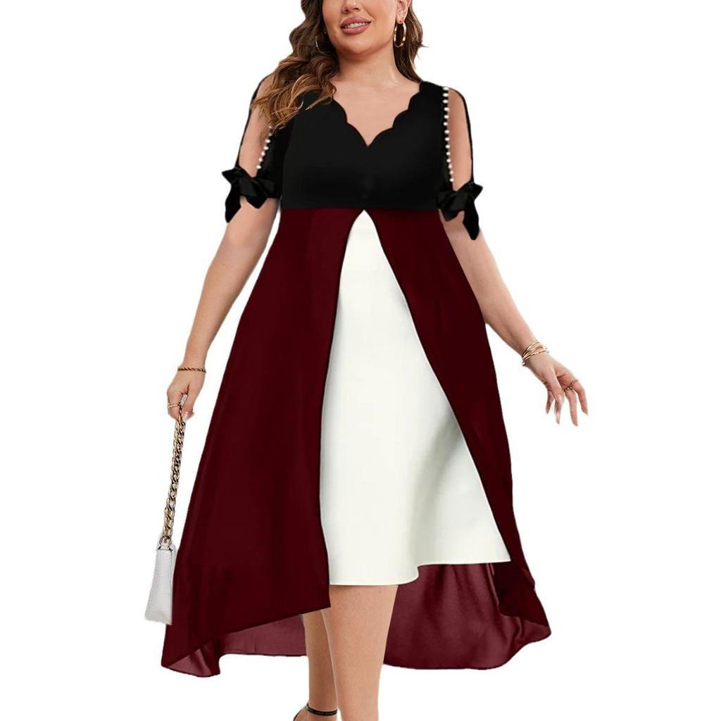2025 Spring/Summer Women's Plus Size V-Neck Patchwork Short Sleeve Two-Piece Irregular Dress