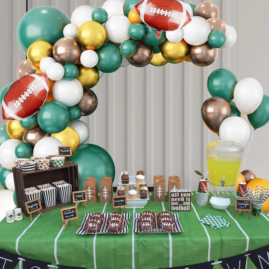 BiBo Football Balloon Garland Arch Kit - 147 Pcs Latex Balloons, 'Touchdown' Letter Balloons, Football Foil Balloons, Tablecloth for First Year Down