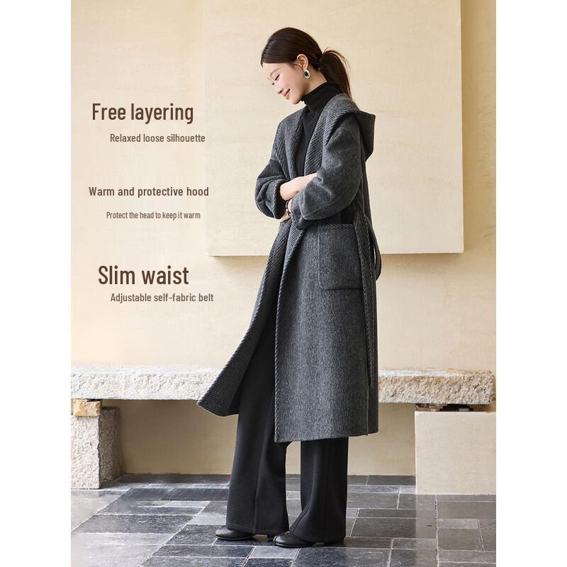 Mohan Yimei Women's Elegant Grey Twill Double-Sided Hooded Wool Robe Coat
