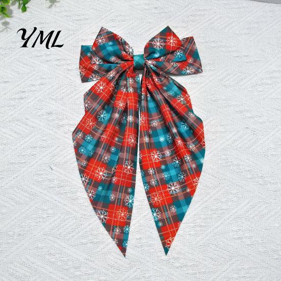 Christmas Tree Hair Ornaments Large Bow for Women Girls, Decorative Clip with Classic Holiday Snowflake Plaid Ties Prints, Elegant Long Tail Barrettes