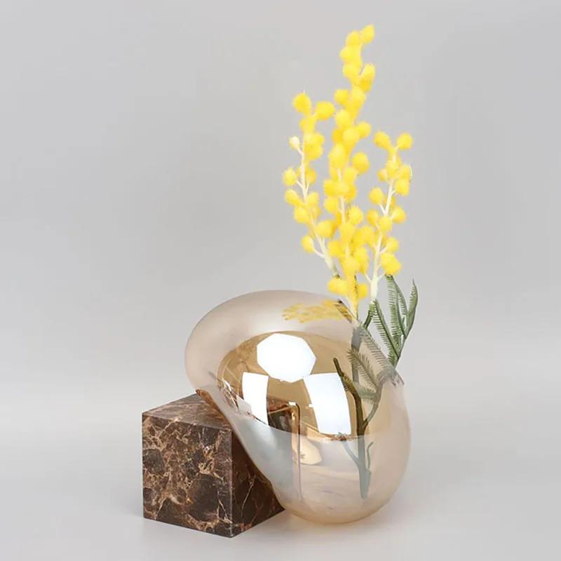 Transparent Brown Glass Vase Creative Marble Base Flowers Pots Desk Decoration Flower Arrangement Floral Vases Modern Home Decor