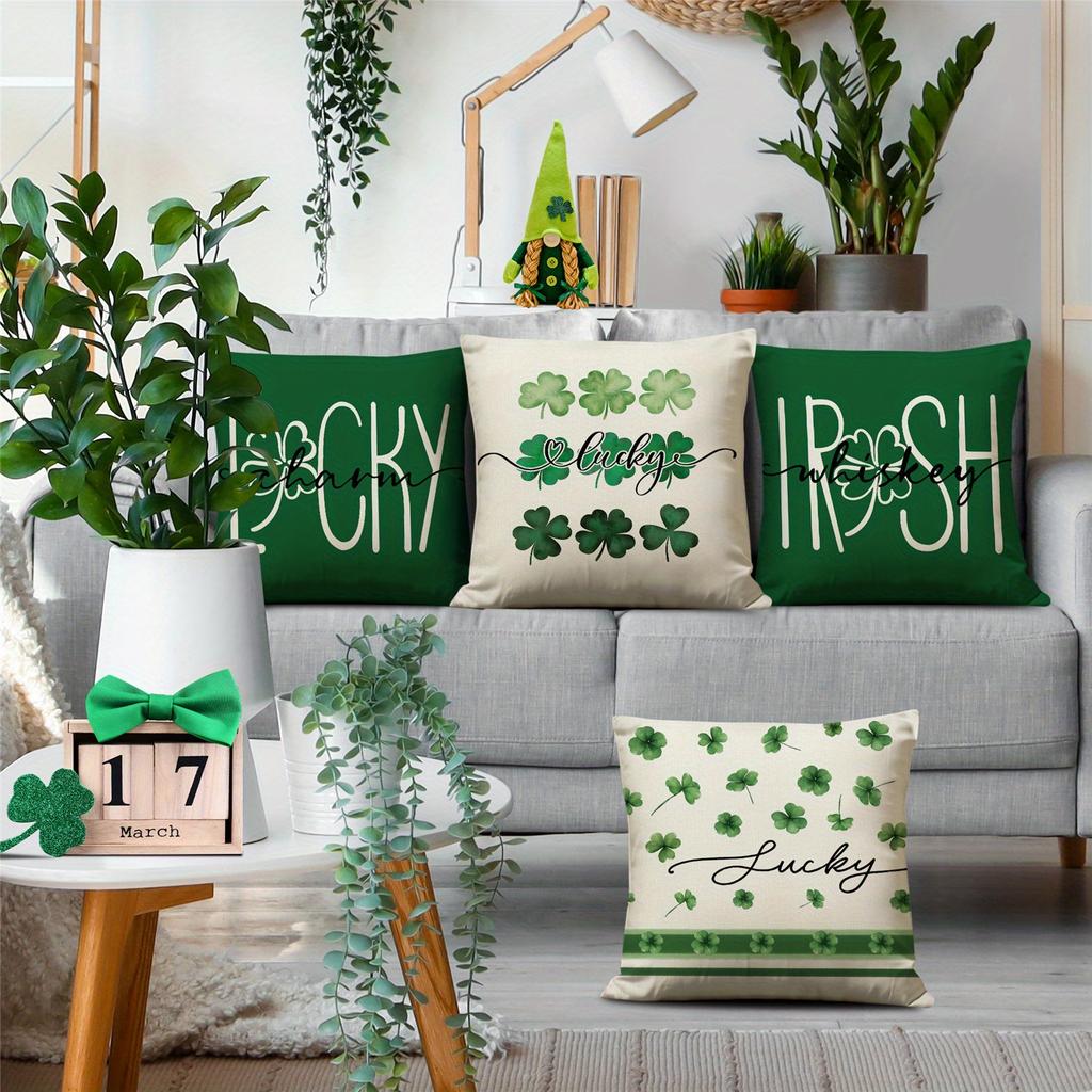 Double-Sided Printed Pillowcase Living Room Sofa Chair Decor Buffalo Plaid Lucky Clover Hat St Patricks Day Throw Pillow Covers