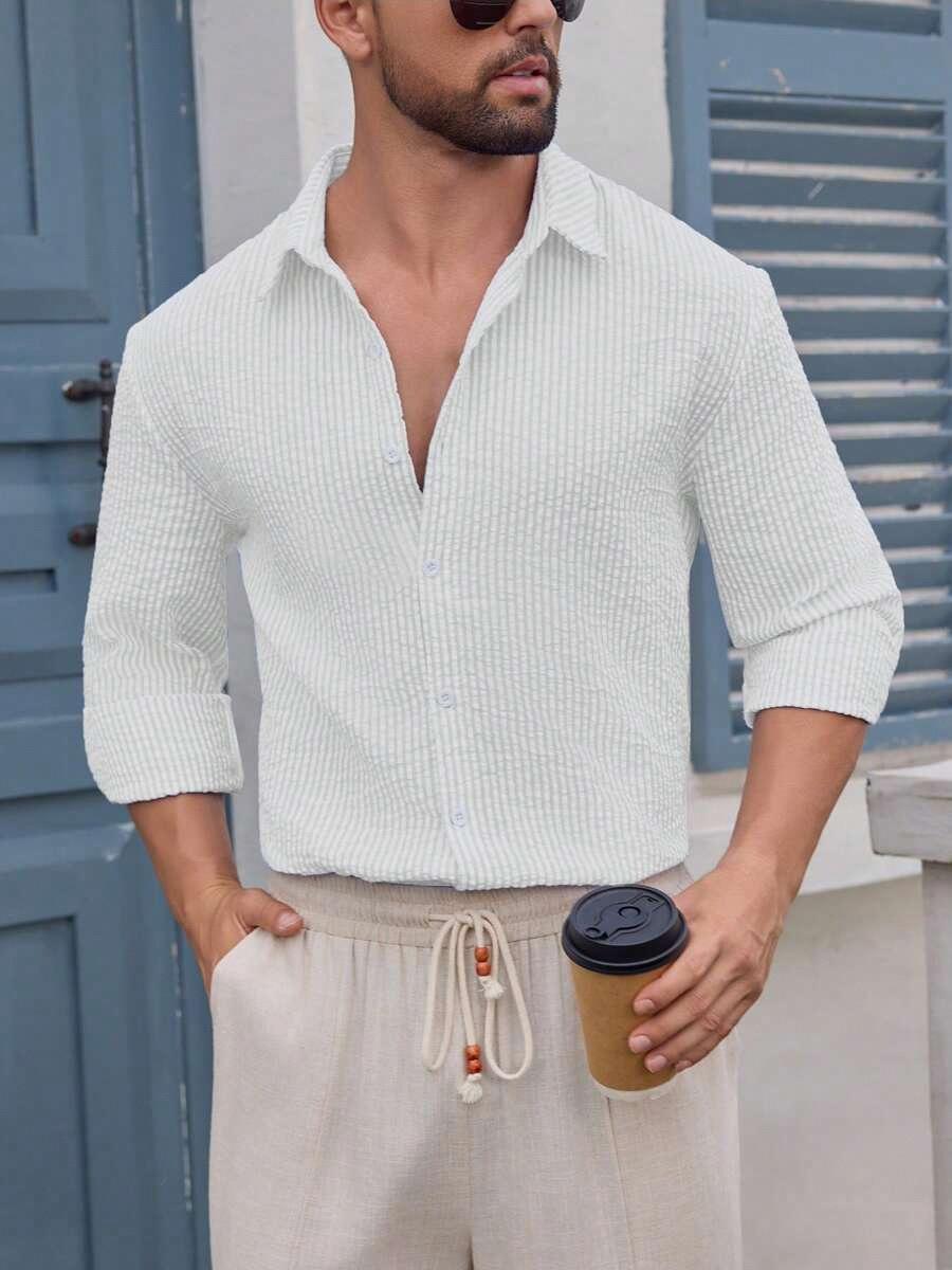 Men s Long Sleeve Stripe Shirt Button Down Front Casual Top S белый