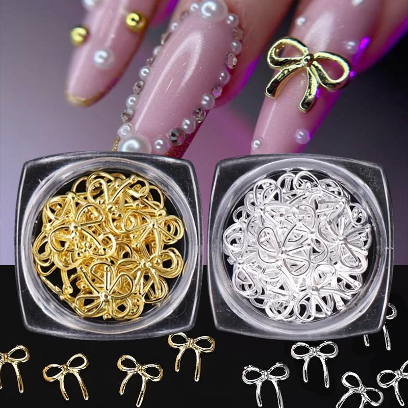 30 Pcs/Box 3D Exquisite Metal Ties Nail Art Charms Minimalist Gold Silver Ribbon Line Bows Wings Mixed Nail Decorations Diy Nail