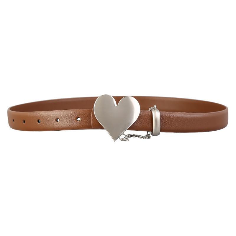 Womens Fashion Leather Belt With Heart Buckle And Chain Decor For Casual And Date Wear