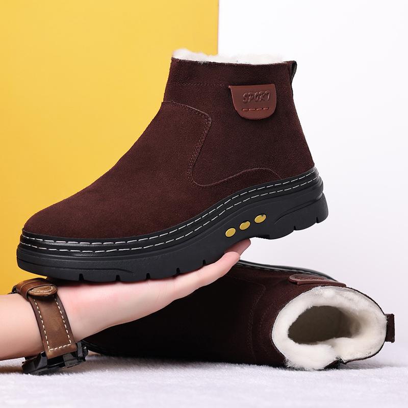 Winter New Men's Cotton Shoes, Genuine Leather, Wool and Fur Integrated Warm Casual High-top Boots, Anti-velvet Cowhide Men's Shoes