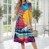Women's Casual Mid-Length Dress with Round Neck Hawaiian Print Three-Quarter Sleeve Comfortable Fit Summer Dress for Daily Wear