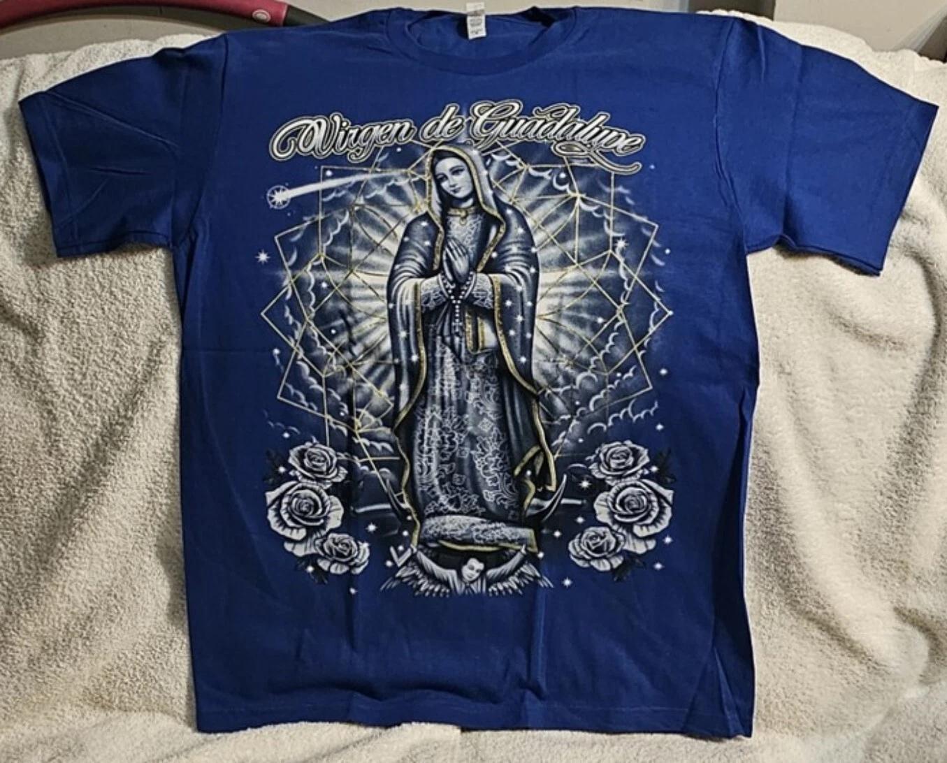 VIRGEN DE GUADALUPE VIRGIN MARY FLOWER ROSE PRAY BLUE T-shirt S