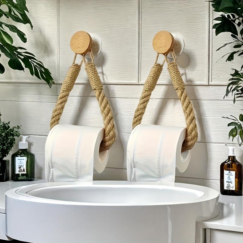 1pc Rustic Farmhouse Tissue Holder with Natural Jute Rope - Self-Adhesive Suction Cup Mount, Handcrafted Look, Hotel Supplies